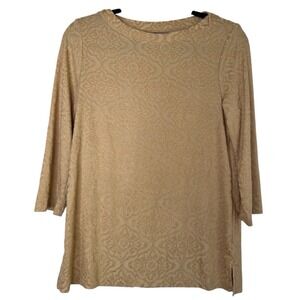Chicos Travelers Tunic Top Size 0/small Gold Print 3/4 Slv Long Travel‎ Shirt